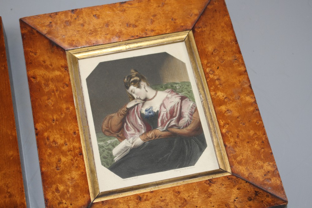 A Victorian painted ivory miniature portrait of a seated lady, 12 x 9cm, maple framed, and a coloured engraving, in near matching frame